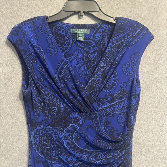 Lauren Ralph Lauren Ruched Faux Wrap Dress Size 6 Blue Paisley Career Stretch - Picture 1 of 10